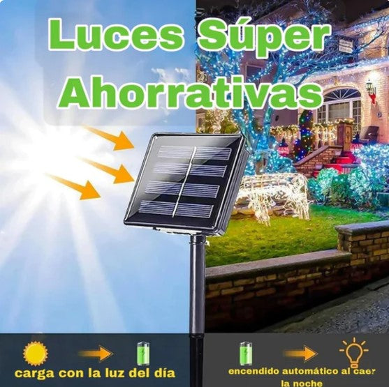 Luces festivas de navidad de 240 focos, resistentes al agua y   funciona con energía solar con 8 modos de luz para navidad, cumpleaños, dormitorio, patio, jardín, donde tu desees.